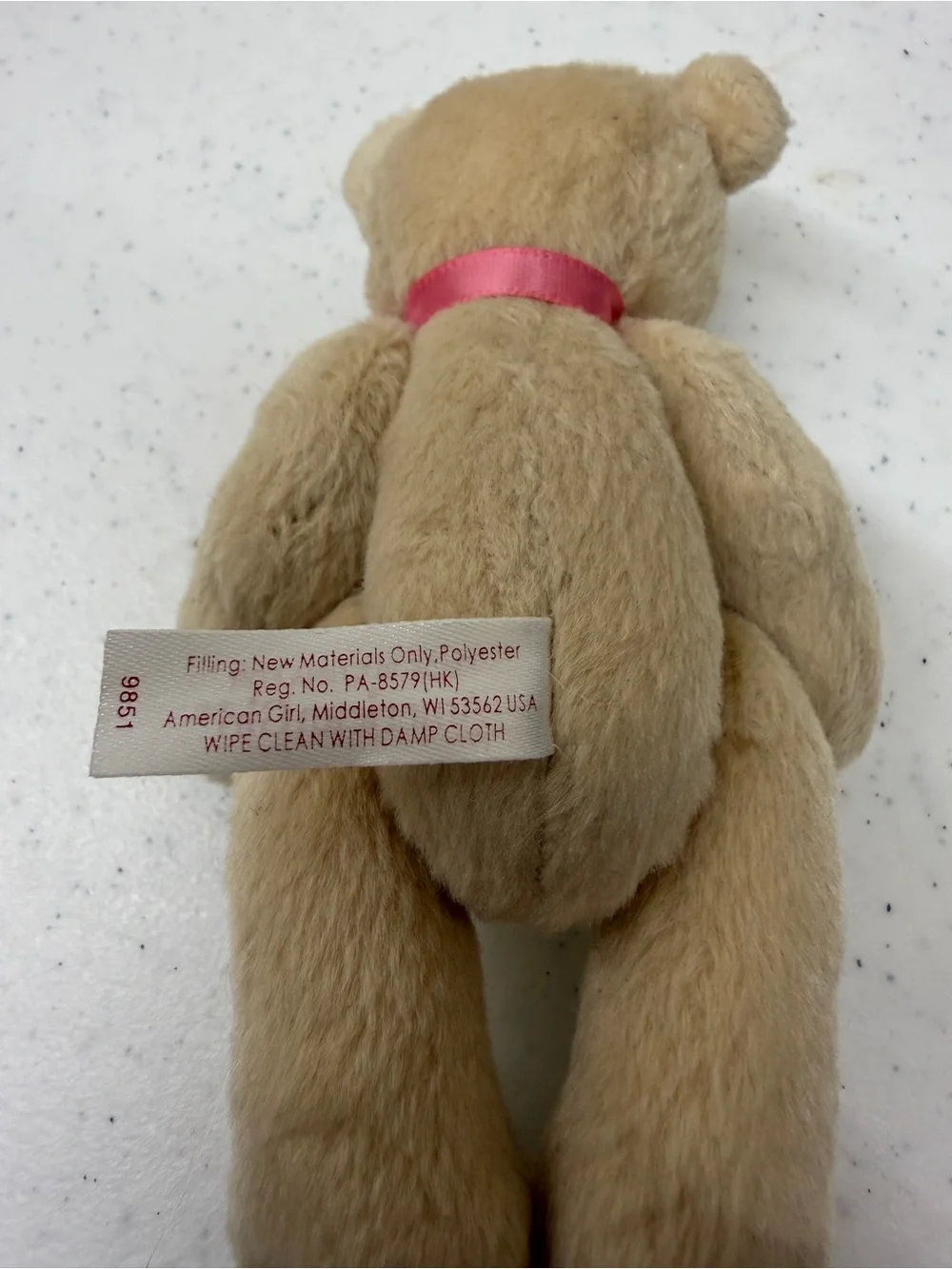 American Girl Plush Bitty Bear with Pink Ribbon, code #9851 retired, jointed.